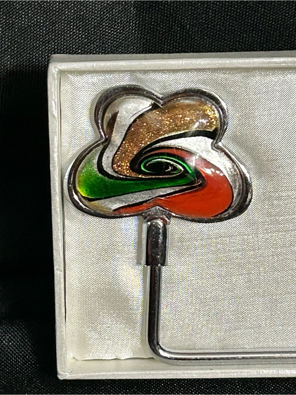Murano Deco Collection Purse Hook with Green, Orange, Red & Gold Glass Accent